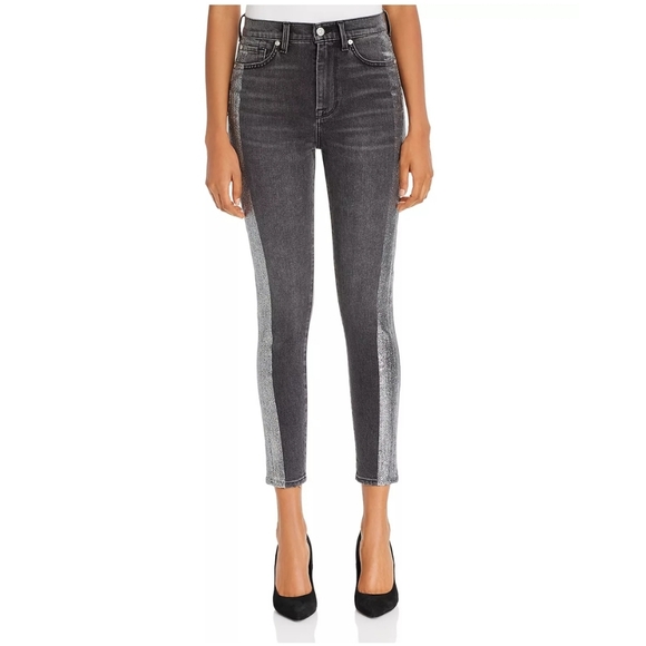 7 For All MankindHigh-Waist Ankle Skinny Jeans in Metallic Glitter Tux Size 26 - Picture 1 of 17